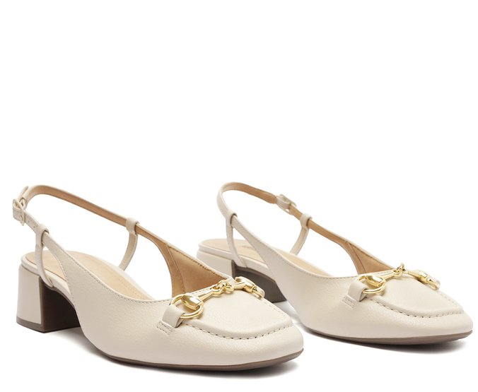 Sapatilha Slingback Salto Bloco Bridão Branca